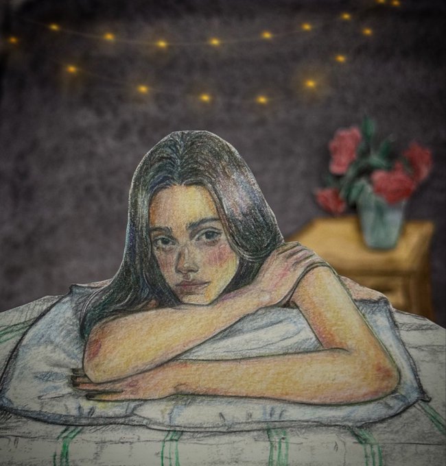 An artistic colored pencil or pastel drawing of a young woman with long dark hair resting her arms on a table, with a vase of red flowers and string lights in the background.