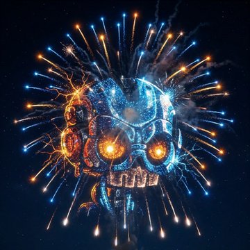 A metallic skull design with glowing orange eyes surrounded by fireworks in a dark space background.