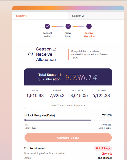 A mobile app screenshot displays a 'Season 1: Receive Allocation' claim interface for SLX tokens. Key figures shown include 'Total Season 1 SLX allocation: 9,736.14', with breakdowns for Vesting (1,810.83), Claimed (7,925.3), Next Unlock (3,018.05), and Unlocked (6,122.33), along with a '77.17%' Unlock Progress bar.