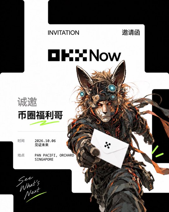 An invitation to the OKX "See What's Next" product launch event on October 6, 2026, at Pan Pacific Orchard in Singapore, featuring a futuristic fox-cyborg character holding an OKX envelope. The image aligns with the post's highlight of OKX's anticipated new product reveal during TOKEN2049, teasing the company's next industry-disrupting innovation.