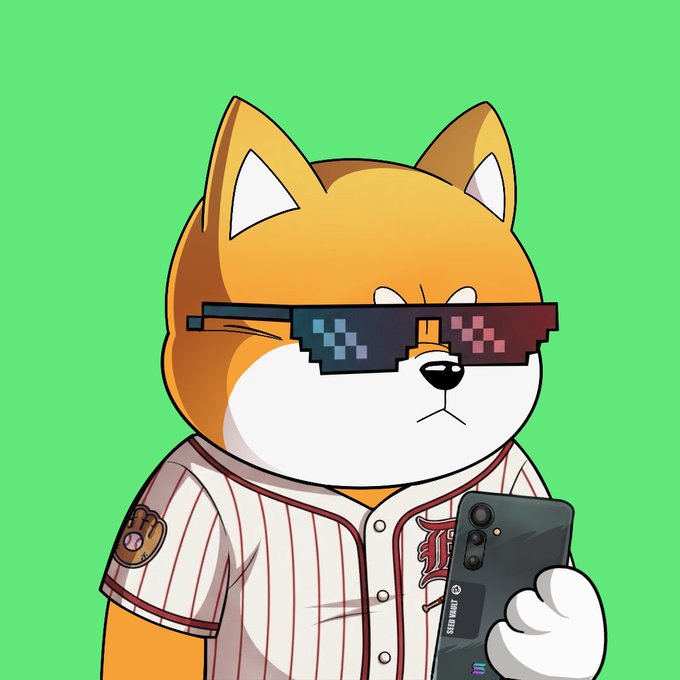A cartoon illustration of a Shiba Inu dog wearing pixelated sunglasses and a baseball jersey, holding a Samsung Galaxy S25 Ultra phone against a bright green background.