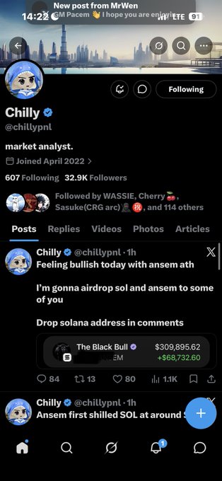 A screenshot of an X (Twitter) profile for '@chillypnl' described as a 'market analyst' with 32.9K followers, showing posts about Solana (SOL) cryptocurrency airdrops and trading activity.