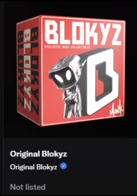 A red "BLOKYZ" exclusive mini collectible figure box featuring a robotic character next to a large "B" logo is displayed, with "Original Blokyz" (verified) listed below alongside "Not listed." The image relates to the post by showing the user successfully securing one of these hyped mint-of-the-year NFT figures, having won it in a raffle against a Pokémon Prismatic SPC wager.