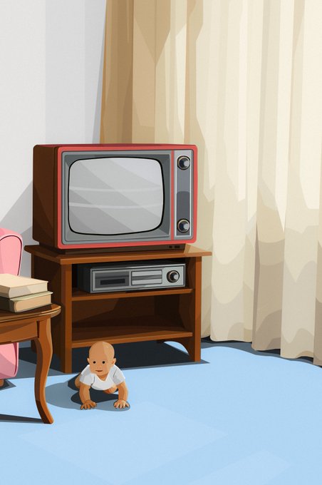 An illustration of a baby crawling on the floor in front of a vintage television set on a wooden stand, with a pink armchair and books nearby.