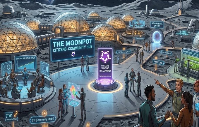 A futuristic lunar colony scene showcases "THE MOONPOT CITIZENS' COMMUNITY HUB," featuring domed structures, holographic data displays labeled "STF Community Token," and diverse groups of people engaging in discussion and activities around a central purple "CITIZENS' SHAPING THE JOURNEY" monument, visually emphasizing the post's message that Web3 community strength is built on active, participatory citizens rather than just technology.