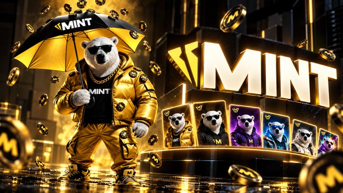 A vibrant 3D promotional graphic for 'MINT' cryptocurrency featuring an anthropomorphic white bear wearing a gold puffer jacket and sunglasses, holding a yellow 'MINT' umbrella amid falling gold coins.