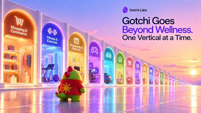 A promotional banner for Gotchi Labs titled 'Gotchi Goes Beyond Wellness. One Vertical at a Time' featuring a pixel-art character in front of colorful arched storefronts representing different sectors.