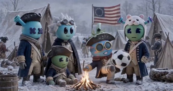 A whimsical scene shows Quirkies NFT characters dressed in colonial-era military uniforms, with one character in a tricorn hat passing a soccer ball near a campfire beneath a Betsy Ross-style American flag, tying into the post's note that OpenSea is increasingly showcasing the Quirkies NFT collection.