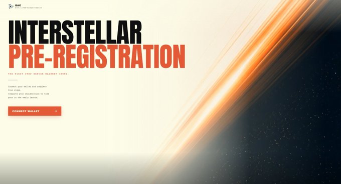 A pre-registration webpage for 'INTERSTELLAR' by DAO, with the tagline 'THE FIRST WEB3 NATIVE BALANCE UTILITY' and a 'CONNECT WALLET' button.