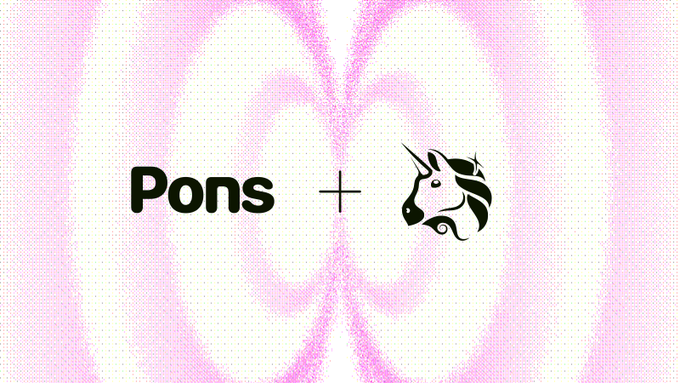 A minimalist graphic on a pink background displaying "Pons" next to a plus sign and a unicorn head logo.
