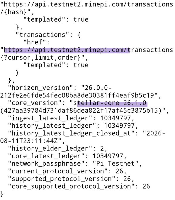 A snippet of JSON code showing Stellar network configuration for 'Pi Testnet', including URLs for api.testnet2.minepi.com and stellar-core version 26.1.0.
