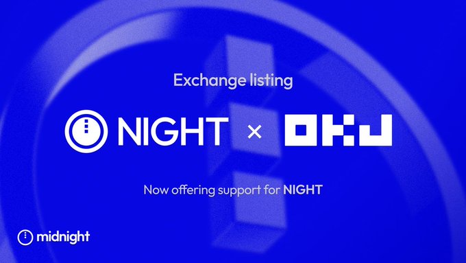 A blue promotional graphic announces an 'Exchange listing' with 'NIGHT x OKJ' and text reading 'Now offering support for NIGHT', featuring the midnight logo.