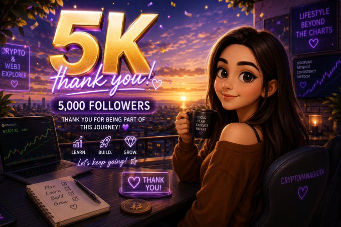 A celebratory digital illustration showing a stylized woman holding a mug, with prominent text reading '5K Thank you! 5,000 FOLLOWERS' and other crypto-related text including 'CRYPTOPANASIGTA' and 'LEARN. BUILD. GROW.'