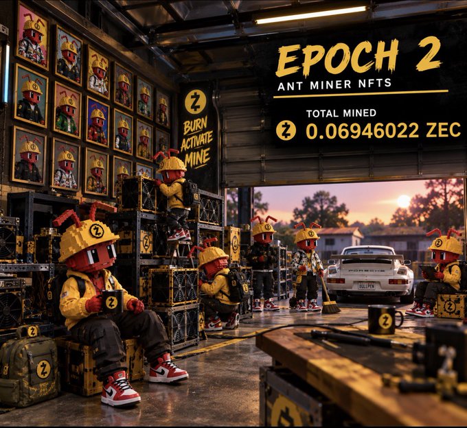 A vibrant NFT advertisement scene titled 'EPOCH 2 ANT MINER NFTS' showing stylized ant-miner characters in hard hats and red masks working in a garage-like space, with a 'TOTAL MINED' counter reading '0.06946022 ZEC' and a 'BURN ACTIVATE MINE' sign.