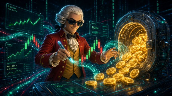 A digital artwork depicting a 3D character in colonial attire and sunglasses trading cryptocurrency, with candlestick charts and an overflowing vault of gold coins.