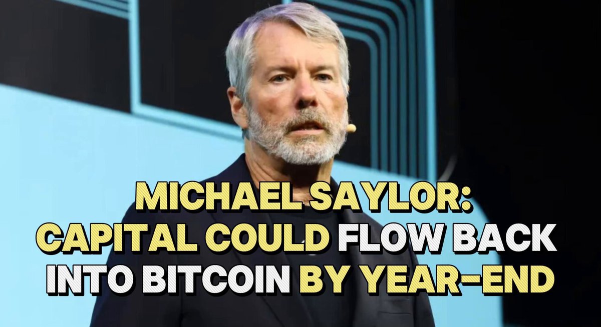 The image features a man wearing a suit, standing against a blue background. The caption below him reads "Michael Saylor: Capital Could Flow Back Into Bitcoin by Year-End Strategy founder Michael Saylor @saylor said in a June 16 interview with Natalie Brunell that the market is in an AI summer", which suggests that there might be some connection between Michael Saylor and Bitcoin, possibly related to their strategies or ideas.