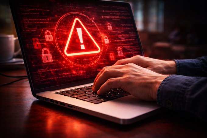 A person's hands type on a laptop displaying a glowing red warning triangle and padlock icons, symbolizing cybersecurity threats. The image visually reinforces the alarming statistic that H1 2026 set a record for hacking incidents, with crypto losses exceeding $1 billion.