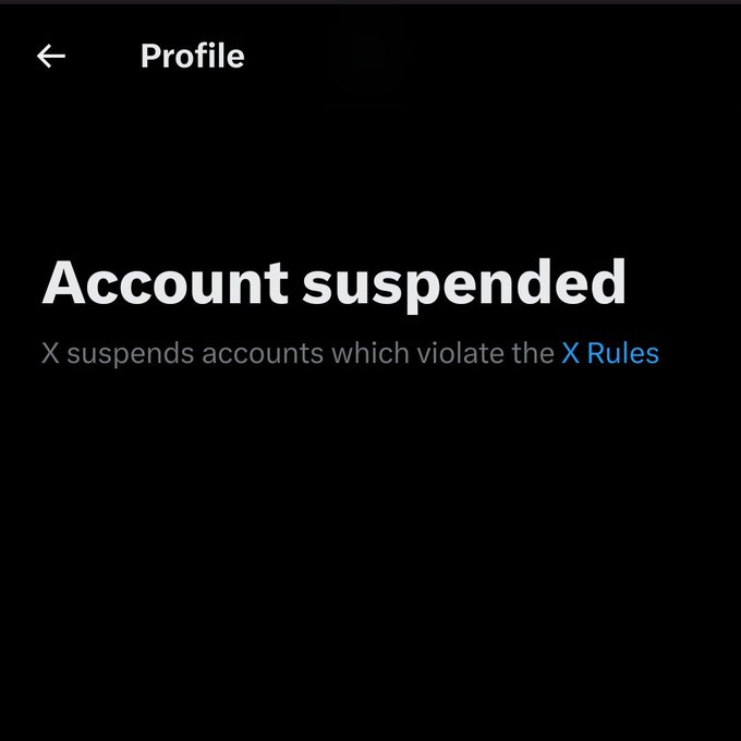 A black screenshot of an X (Twitter) profile page showing 'Account suspended' with the message 'X suspends accounts which violate the X Rules'.