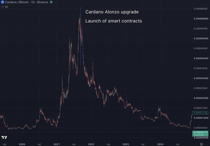 A financial chart titled 'Cardano / Bitcoin · 1D · Binance' shows the Cardano Alonzo upgrade and launch of smart contracts marked in 2021, with the price peaking before a long-term decline to around 0.00001754.