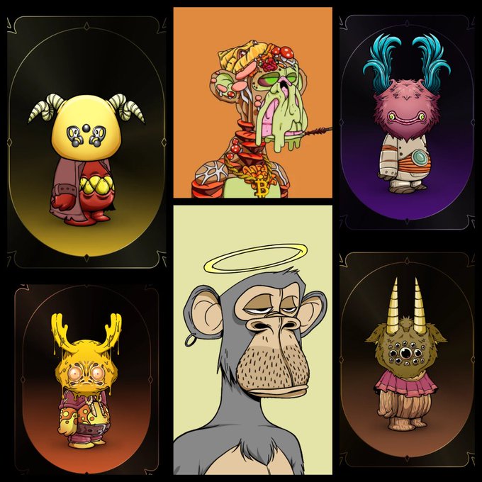 A collage of six cartoon-style character illustrations featuring various quirky creatures including a horned yellow figure, a grotesque green creature, a pink monster with blue feathers, a melting yellow bunny, a Bored Ape-style monkey, and a multi-eyed furry creature.