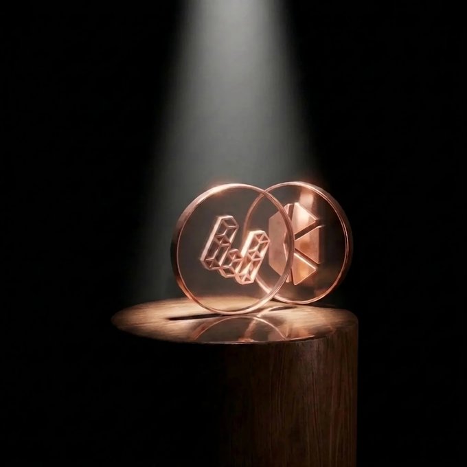 A spotlight shines on the glowing ETH and weETH cryptocurrency logos displayed on a wooden pedestal, visually representing ether.fi's liquid staking assets being available for deposits through KyberNetwork's aggregated vaults.