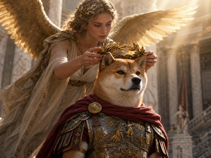 The image features a woman dressed as an angel, wearing a gold crown and holding a golden wreath with a dog sitting underneath her. The caption reads "you can'h hate the king... The Dogefather or Dogeus Maximus". This suggests that the woman is either portraying herself as the Doge of the Roman Empire or the Doge of some other deity, while the dog serves as a symbol of loyalty and obedience to the chosen ruler.

The image seems to be related to a movie poster for "You Can't Hate the King", which features an angelic figure with wings and a golden crown holding a golden wreath. The presence of the dog in this context could represent the idea that even though the chosen ruler may have power or authority, they should not abuse it and should always be loyal to their subjects.