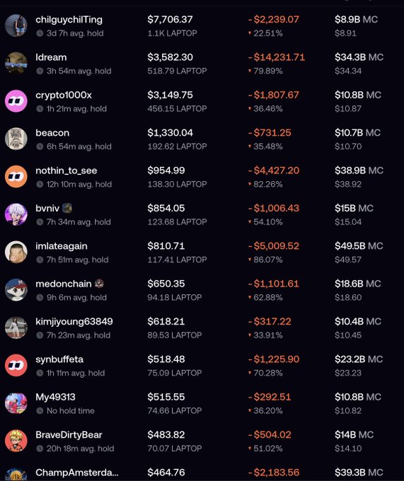 A leaderboard of LAPTOP token holders showing various usernames with their USD portfolio values, LAPTOP token amounts, percentage losses, and market caps, all indicating significant losses.