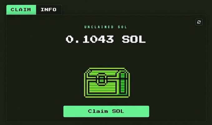 The image displays a digital interface with a dark background and green accents, showing "UNCLAIMED SOL" of "0.1043 SOL" alongside a pixelated treasure chest icon and a "Claim SOL" button. This directly visualizes the post's claim about reclaiming locked Solana tokens, with the exact 0.1043 SOL amount and "Claim SOL" call-to-action matching the promotional content about recovering hidden SOL after the latest Solana update.