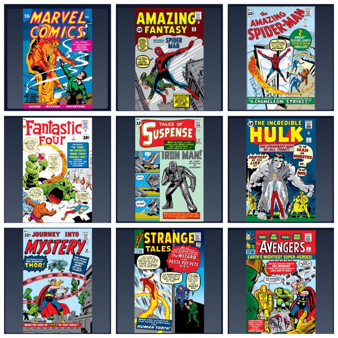 A 3x3 grid of classic Marvel comic book covers, including Marvel Comics, Amazing Fantasy (featuring Spider-Man), The Amazing Spider-Man, Fantastic Four, Tales of Suspense (featuring Iron Man), The Incredible Hulk, Journey into Mystery (featuring Thor), Strange Tales, and The Avengers.