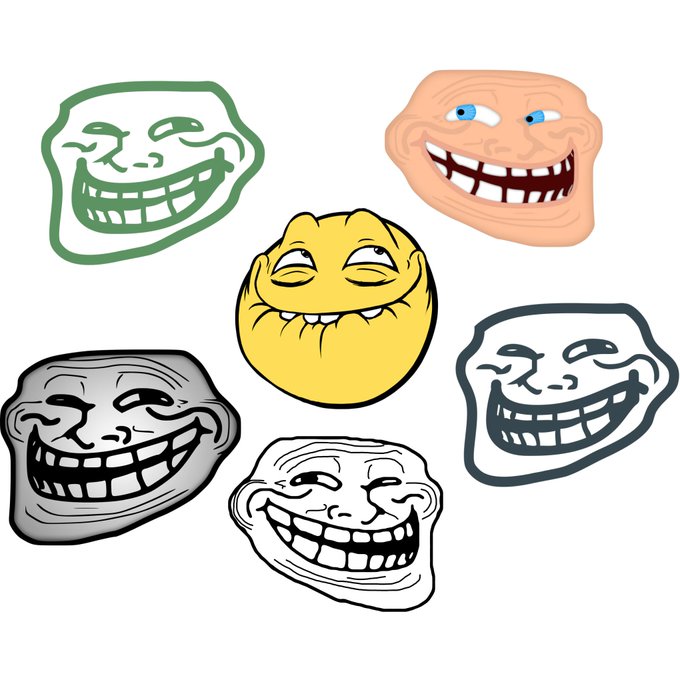 Six troll faces with exaggerated, mischievous grins surround a central smiley face, all sharing the same wide, toothy "trolling" expression that visually reinforces the post's playful declaration "We are all $TROLL." The collection of different trollface variants reinforces the idea that everyone, in all forms and styles, is part of the $TROLL meme community.