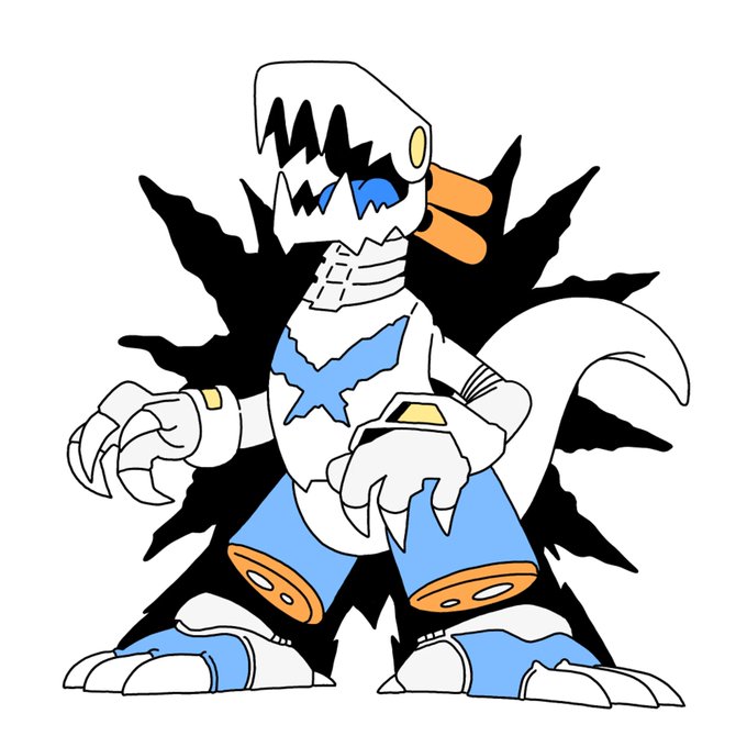 A cartoon illustration depicts a white and blue anthropomorphic duck or dragon character wearing mechanical-looking gloves and leg weights, striking a dynamic pose against a black ink-splash background.