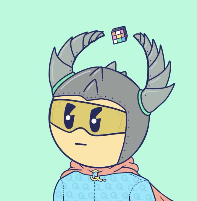 A cartoon illustration of a yellow Lego-like character wearing a gray winged horned helmet and a yellow visor, with a small floating Rubik's cube above their head.