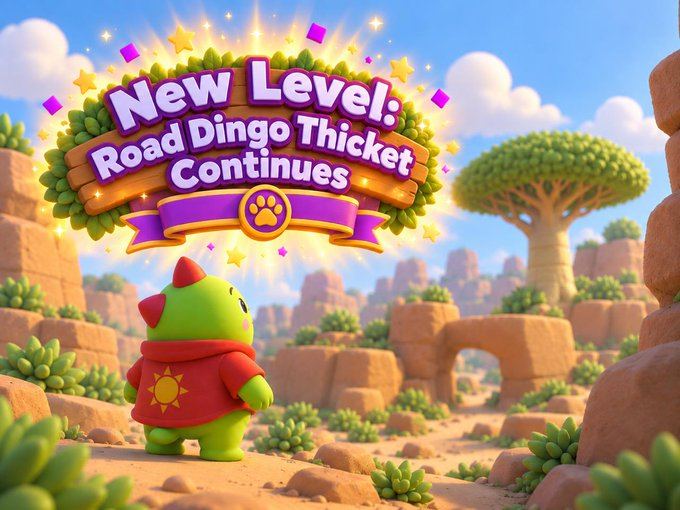 A cartoonish green character in a red sun shirt looks up at a banner reading 'New Level: Road Dingo Thicket Continues' in a desert landscape.