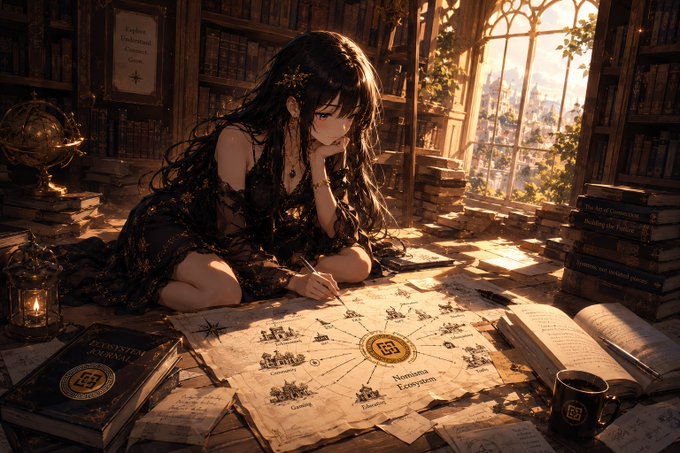 An anime-style illustration depicts a dark-haired girl in a black dress writing at a desk in a sunlit library. The desk is covered with books, a map, and a mug, while a "Textbook of Ancient Curses" is visible on a shelf.
