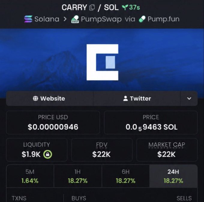 Screenshot of a cryptocurrency token page for CARRY/SOL on the Solana blockchain via PumpSwap/Pump.fun, showing a price of $0.00000946 USD and 18.27% gains over 24 hours.