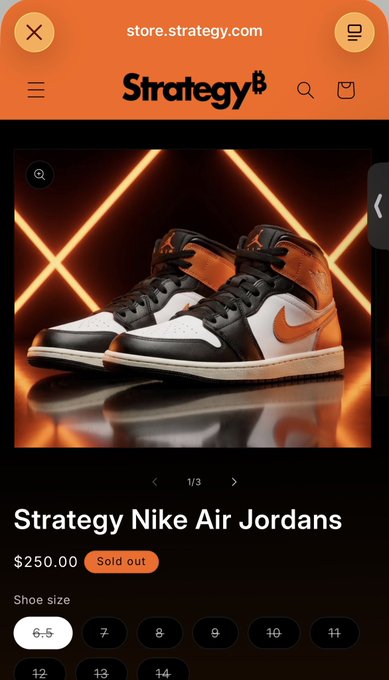 A mobile screenshot from store.strategy.com showing a product page for 'Strategy Nike Air Jordans' priced at $250.00, marked as 'Sold out', with shoe size options displayed.