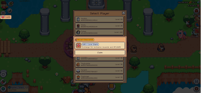 A screenshot of a retro-style video game interface displaying a 'Select Player' menu with various character usernames and levels, including a pop-up 'Reward Discovered' message offering 1,000 in-game coins.