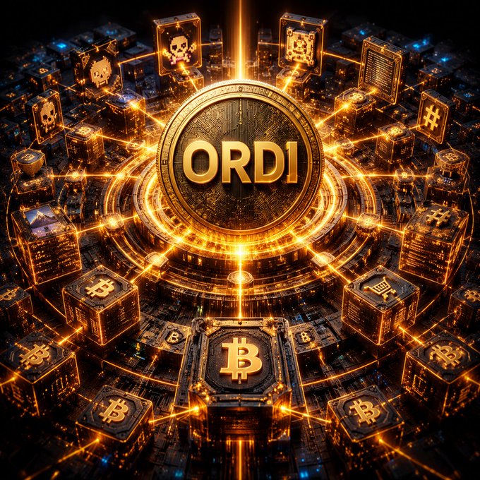 A central golden coin labeled "ORDI" radiates glowing connections to surrounding cubes marked with the Bitcoin "₿" symbol, symbolizing the BRC-20 token's ties to the Bitcoin network. The futuristic, circuit-like backdrop visually reinforces the post's message of accumulating ORDI as an undervalued pioneer on Bitcoin's blockchain.