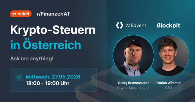 The image features a poster for a presentation or event, with two men's faces displayed against a blue background. The text on the poster includes information about the event, such as the name of the speaker (Georg Brameshuber) and the topic being discussed (krypto-Steuern in Osterreich). The image also contains a link to the presentation or event, which is likely posted on social media platforms like Twitter.