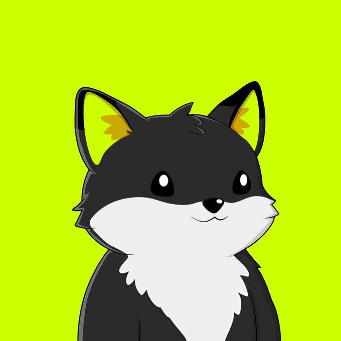 Digital illustration of a cute black and white cartoon dog/cat-like character with pointed ears against a bright yellow-green background.