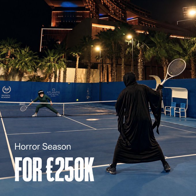 A tennis player dressed as the Grim Reaper plays against an opponent on a blue court at night, with text overlay reading 'Horror Season FOR €250K' and logos for 'Rackets Academy' and 'Atlantis The Royal Dubai'.