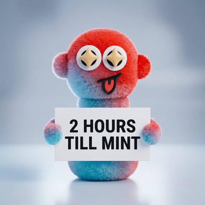 The image features a small, colorful toy or figurine with big eyes and a mouth, holding up a sign that says "2 hours till mint" written in black text. The toy appears to be made of yarn or fabric, giving it a unique and playful appearance. The background is a plain white color, which contrasts nicely with the vibrant colors of the toy's features.