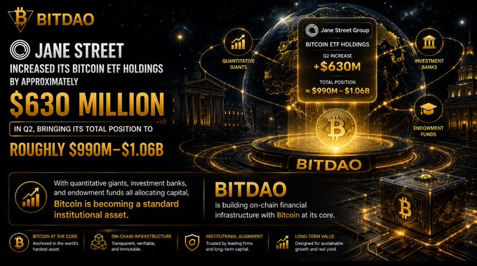 An infographic from BITDAO announcing that Jane Street increased its Bitcoin ETF holdings by approximately $630 million in Q2, bringing its total position to roughly $990M-$1.06B.