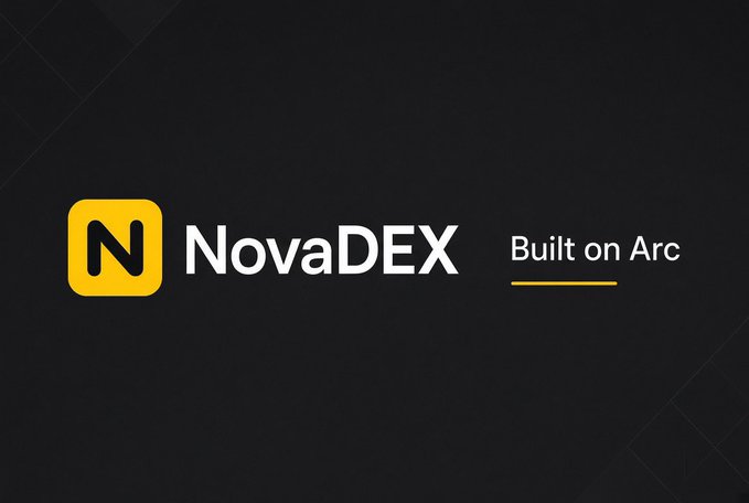 A logo for "NovaDEX" with a yellow 'N' icon, accompanied by the tagline "Built on Arc" on a black background.