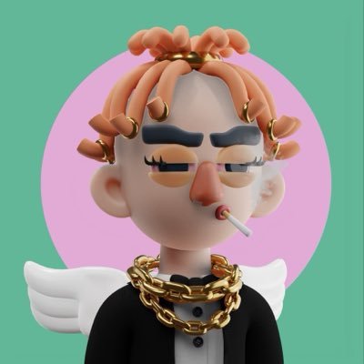 A 3D cartoon character with orange curly hair, an exaggerated nose, gold chain, and small angel wings smokes a cigarette against a pink circular background, likely serving as a mascot or branding for the @888s_Society giveaway promotion.