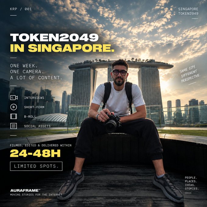 A promotional graphic for AURAFRAME's 'TOKEN2049 IN SINGAPORE' video production service, featuring a man with a camera sitting in front of the Marina Bay Sands hotel, offering services like interviews and short-form content delivered within 24-48H.