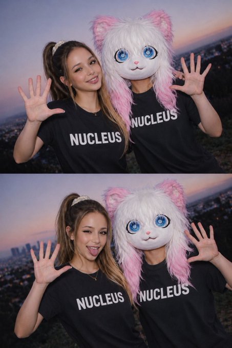 Two photos of a young woman posing with a large pink and white cat mascot; both are wearing black 'NUCLEUS' t-shirts and waving at the camera, with a sunset cityscape in the background.