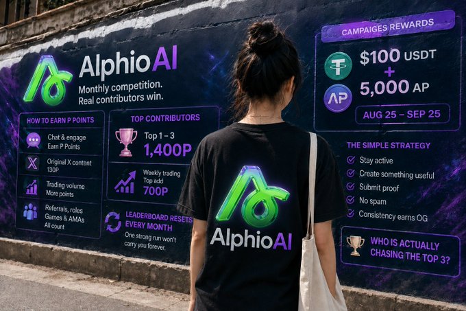 A promotional poster for "AlphioAI" detailing a monthly competition with rewards of $100 USDT plus 5,000 AP, alongside a person wearing a branded black t-shirt with the AlphioAI logo.