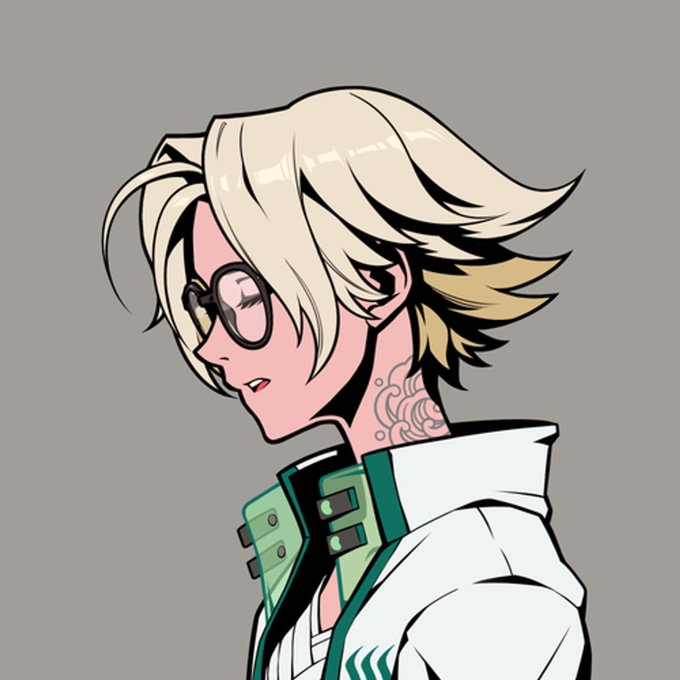 Anime-style side profile illustration of a blonde-haired character with glasses and a neck tattoo, wearing a white jacket with green accents.