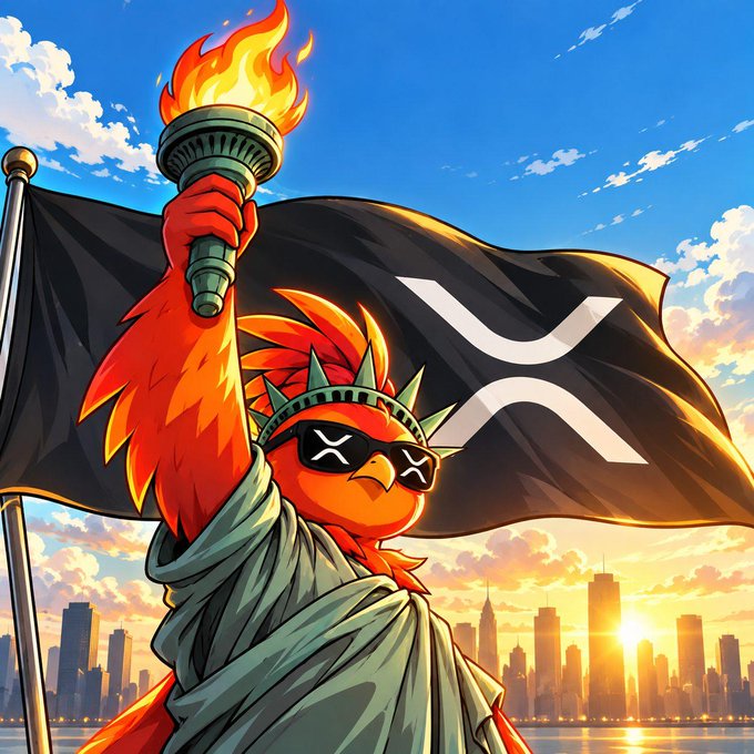 An anime-style illustration of an anthropomorphic red bird wearing a Statue of Liberty crown and sunglasses, holding a flaming torch with a black XRP/Ripple flag, set against a city skyline at sunset.